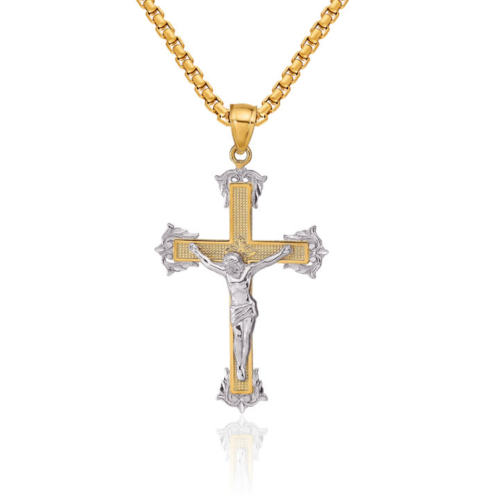 14K Solid Two Tone Gold Lord Jesus Christ Crucifix Holy Cross Necklace Religious Chain Pendant Charm