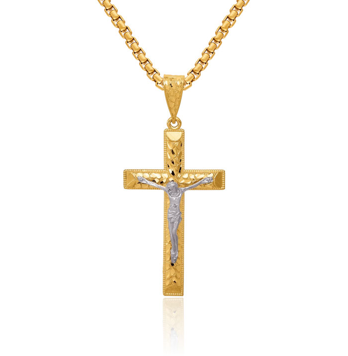 14K Solid Two Tone Gold Lord Jesus Christ Crucifix Holy Cross Necklace Religious Chain Pendant Charm