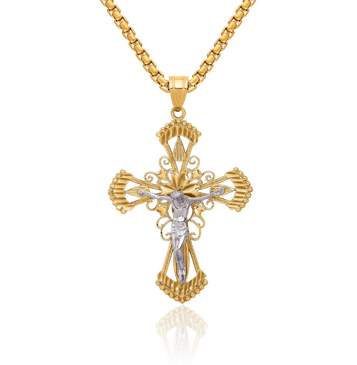 14K Solid Two Tone Gold Lord Jesus Christ Crucifix Holy Cross Necklace Religious Chain Pendant Charm