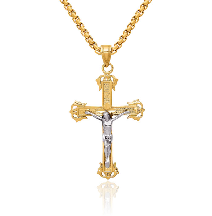 14K Solid Two Tone Gold Lord Jesus Christ Crucifix Holy Cross Necklace Religious Chain Pendant Charm