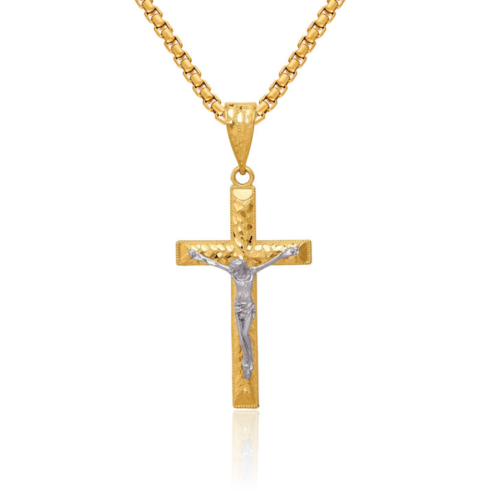 14K Solid Two Tone Gold Lord Jesus Christ Crucifix Holy Cross Necklace Religious Chain Pendant Charm