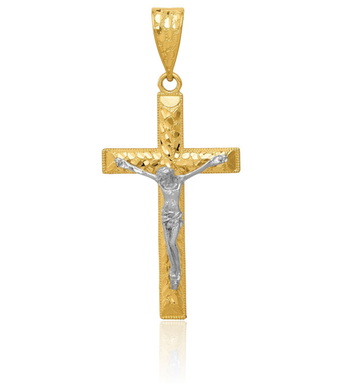 14K Solid Two Tone Gold Lord Jesus Christ Crucifix Holy Cross Necklace Religious Chain Pendant Charm