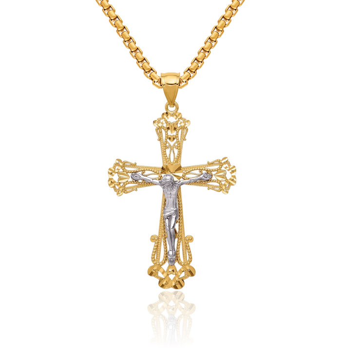 14K Solid Two Tone Gold Lord Jesus Christ Crucifix Holy Cross Necklace Religious Chain Pendant Charm