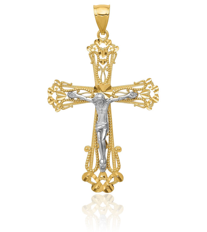 14K Solid Two Tone Gold Lord Jesus Christ Crucifix Holy Cross Necklace Religious Chain Pendant Charm