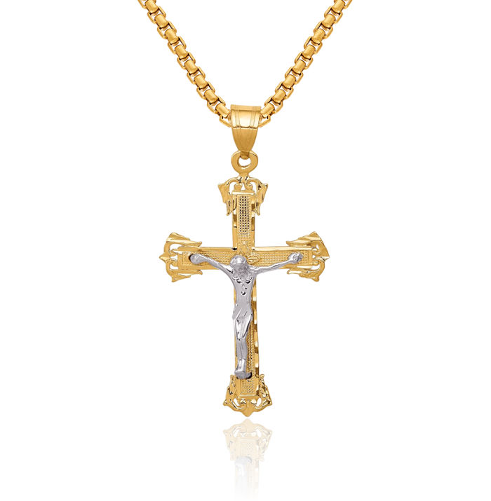 14K Solid Two Tone Gold Lord Jesus Christ Crucifix Holy Cross Necklace Religious Chain Pendant Charm