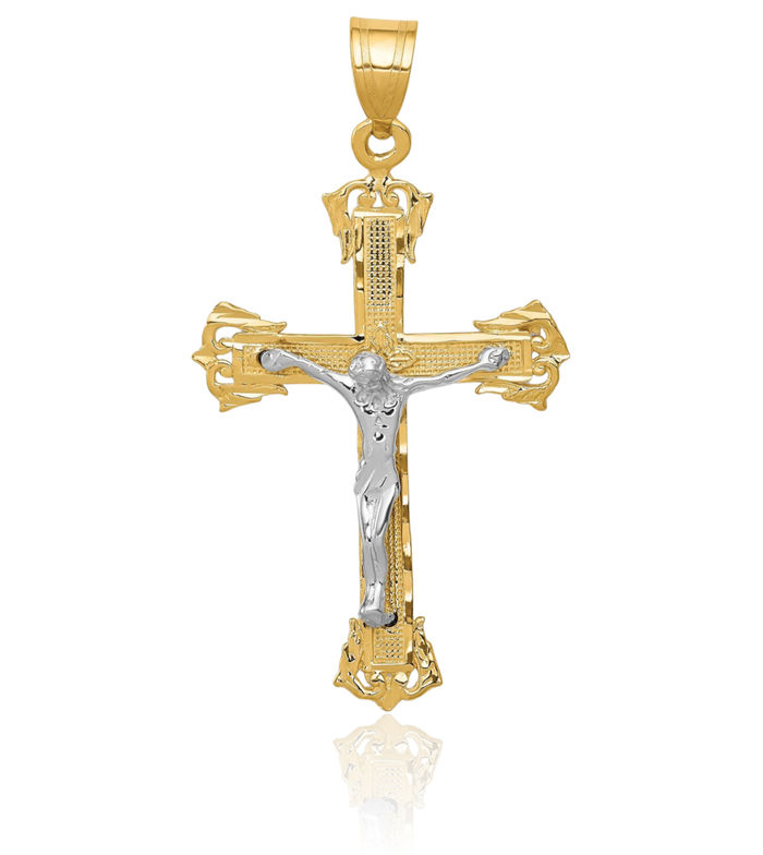 14K Solid Two Tone Gold Lord Jesus Christ Crucifix Holy Cross Necklace Religious Chain Pendant Charm