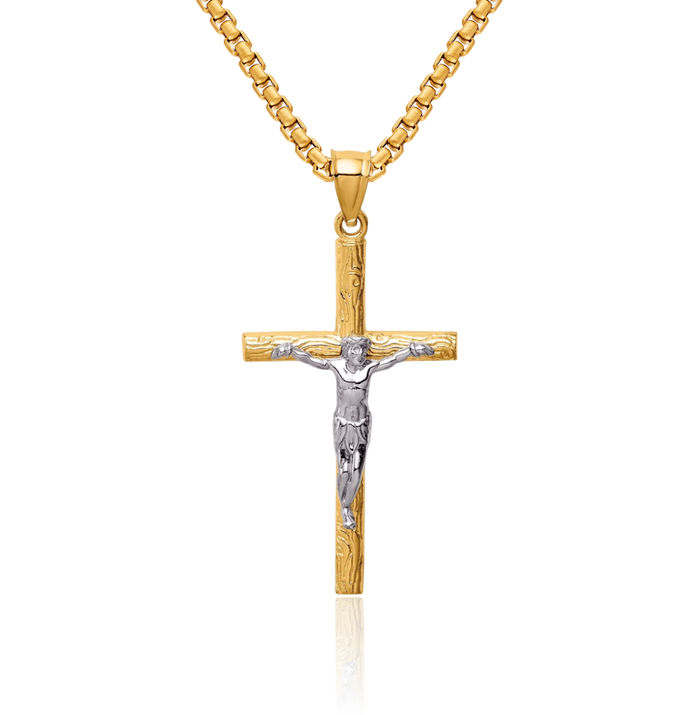 14K Solid Two Tone Gold Lord Jesus Christ Crucifix Holy Cross Necklace Religious Chain Pendant Charm