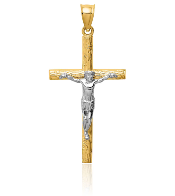 14K Solid Two Tone Gold Lord Jesus Christ Crucifix Holy Cross Necklace Religious Chain Pendant Charm