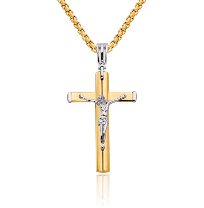 14K Solid Two Tone Gold Lord Jesus Christ Crucifix Holy Cross Necklace Religious Chain Pendant Charm