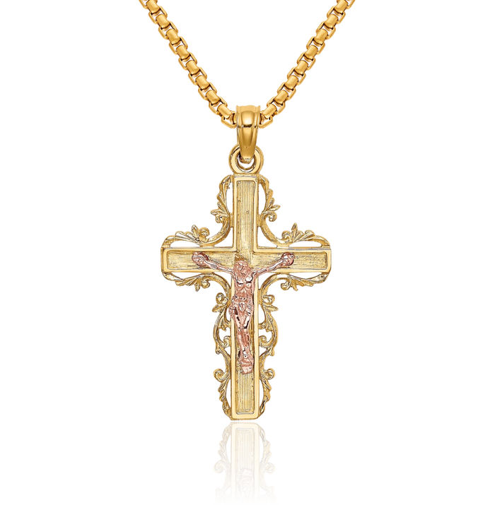 14K Solid Two Tone Gold Lord Jesus Christ Crucifix Holy Cross Necklace Religious Chain Pendant Charm