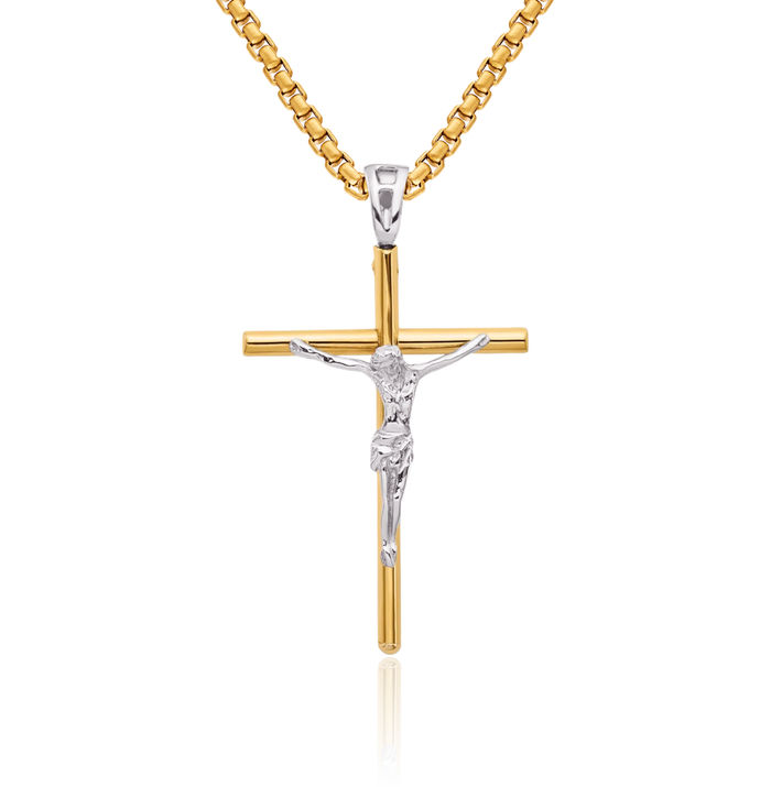 14K Solid Two Tone Gold Lord Jesus Christ Crucifix Holy Cross Necklace Religious Chain Pendant Charm