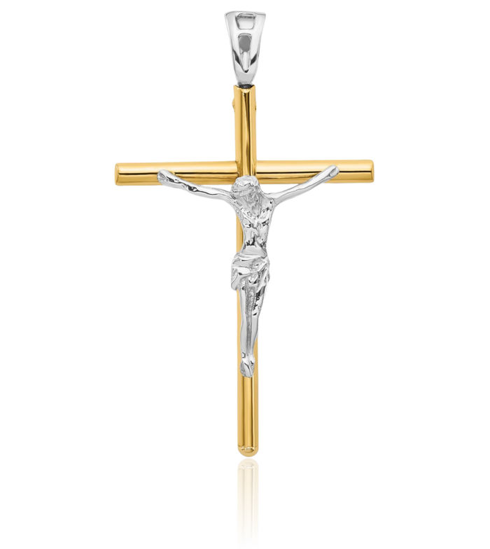 14K Solid Two Tone Gold Lord Jesus Christ Crucifix Holy Cross Necklace Religious Chain Pendant Charm