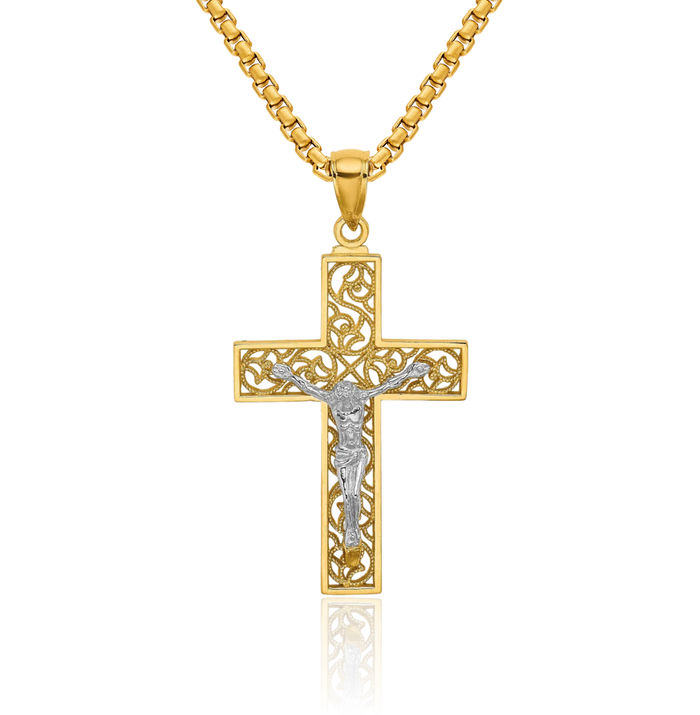 14K Solid Two Tone Gold Lord Jesus Christ Crucifix Holy Cross Necklace Religious Chain Pendant Charm