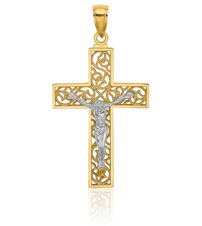 14K Solid Two Tone Gold Lord Jesus Christ Crucifix Holy Cross Necklace Religious Chain Pendant Charm