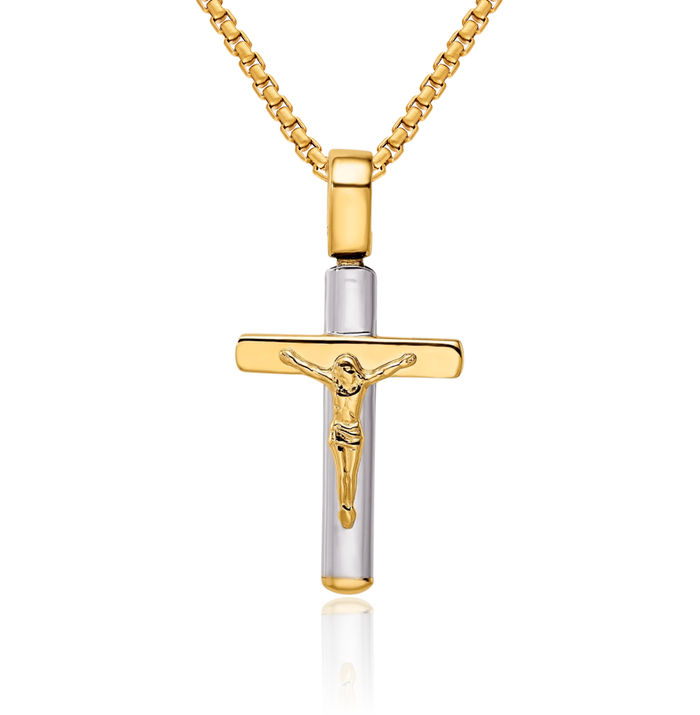 14K Solid Two Tone Gold Lord Jesus Christ Crucifix Holy Cross Necklace Religious Chain Pendant Charm