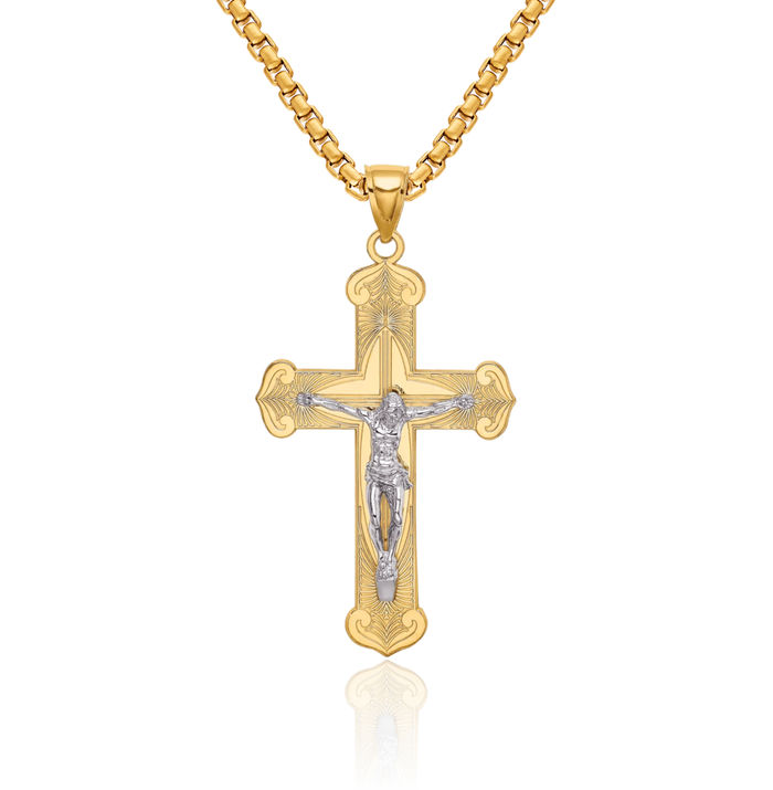 14K Solid Two Tone Gold Lord Jesus Christ Crucifix Holy Cross Necklace Religious Chain Pendant Charm