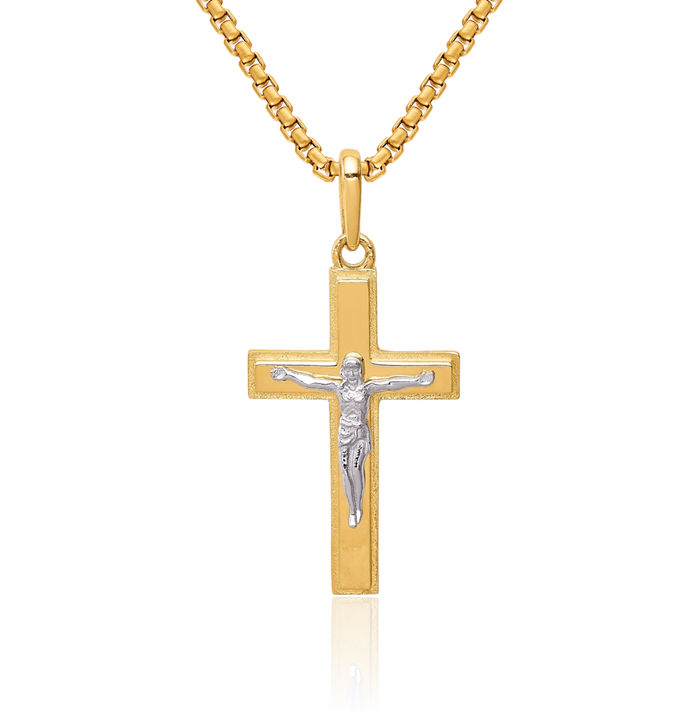 14K Solid Two Tone Gold Lord Jesus Christ Crucifix Holy Cross Necklace Religious Chain Pendant Charm