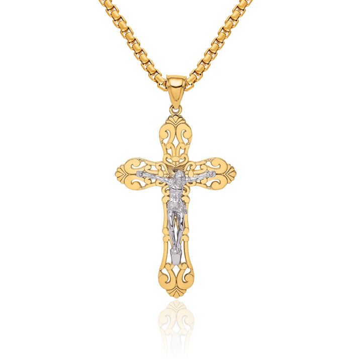 14K Solid Two Tone Gold Lord Jesus Christ Crucifix Holy Cross Necklace Religious Chain Pendant Charm