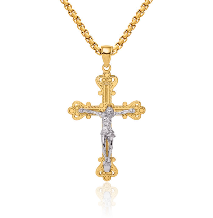 14K Solid Two Tone Gold Lord Jesus Christ Crucifix Holy Cross Necklace Religious Chain Pendant Charm