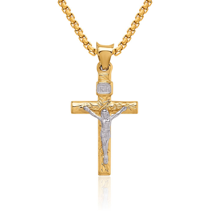 14K Solid Two Tone Gold Lord Jesus Christ Crucifix Holy Cross Necklace Religious Chain Pendant Charm