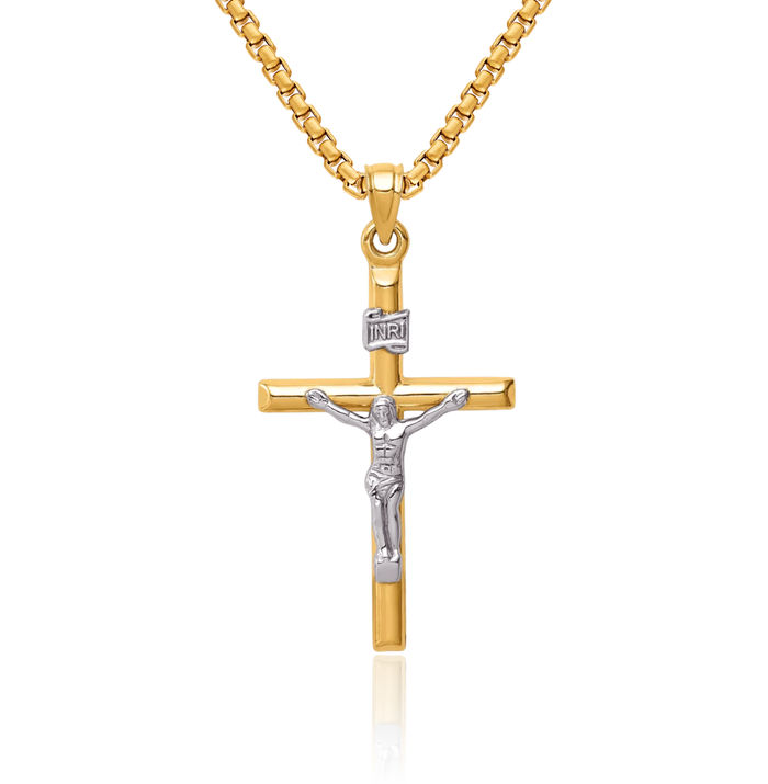 14K Solid Two Tone Gold Lord Jesus Christ Crucifix Holy Cross Necklace Religious Chain Pendant Charm