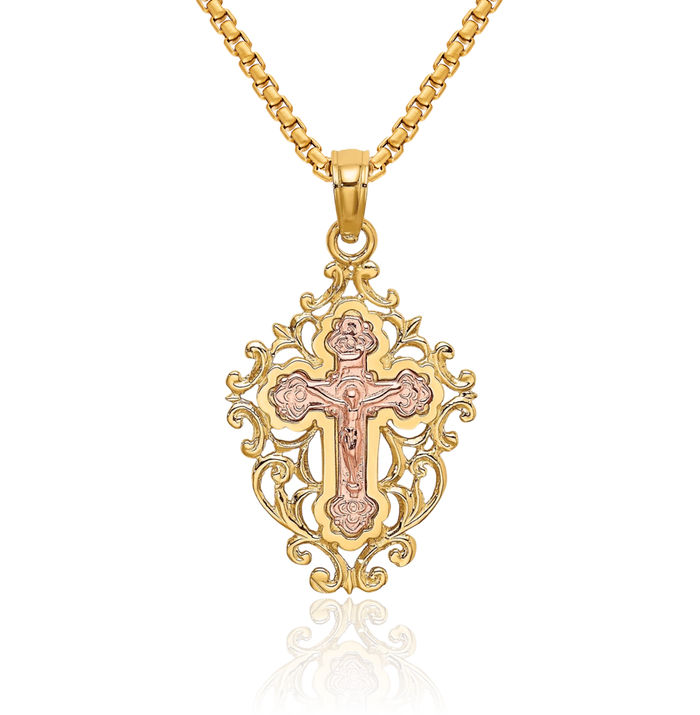 14K Solid Two Tone Gold Lord Jesus Christ Crucifix Holy Cross Necklace Religious Chain Pendant Charm