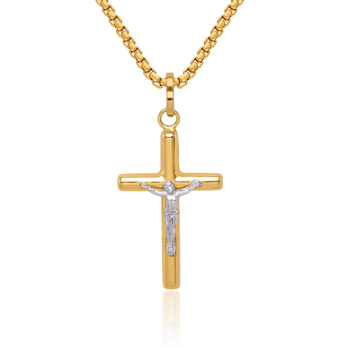 14K Solid Two Tone Yellow White Gold Lord Jesus Christ Crucifix Holy Cross Necklace Religious Chain Pendant Charm