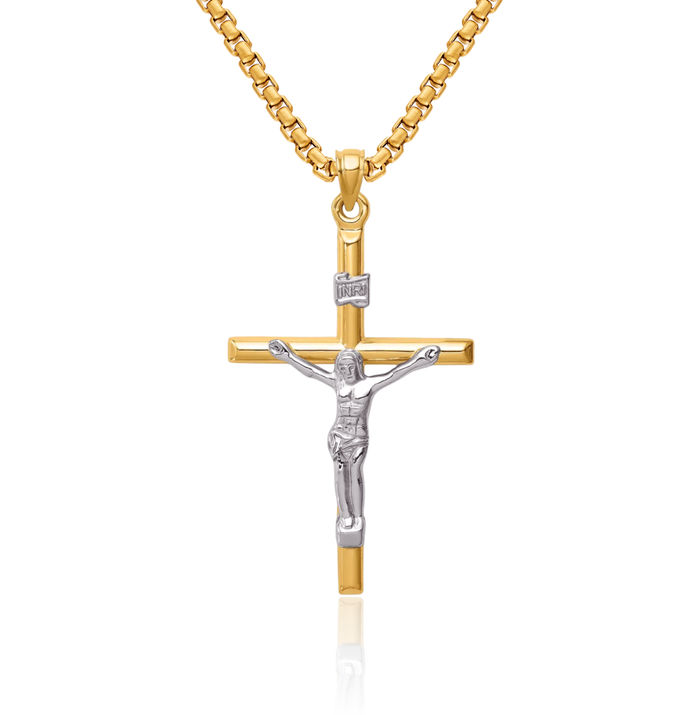 14K Solid Two Tone Gold Lord Jesus Christ Crucifix Holy Cross Necklace Religious Chain Pendant Charm