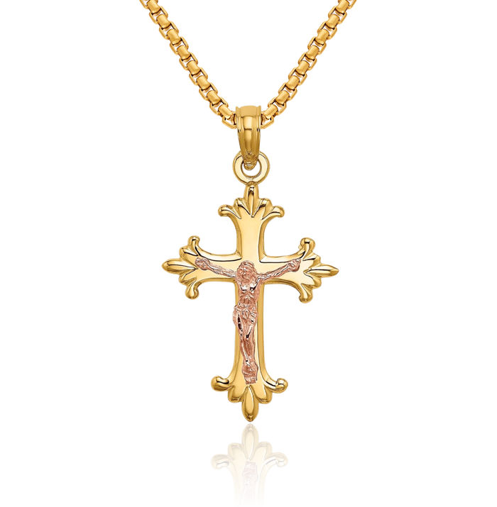 14K Solid Two Tone Gold Lord Jesus Christ Crucifix Holy Cross Necklace Religious Chain Pendant Charm