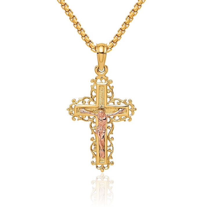 14K Solid Two Tone Gold Lord Jesus Christ Crucifix Holy Cross Necklace Religious Chain Pendant Charm