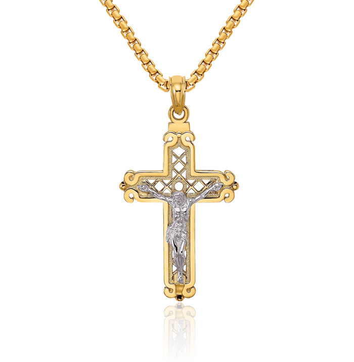 14K Solid Two Tone Gold Lord Jesus Christ Crucifix Holy Cross Necklace Religious Chain Pendant Charm