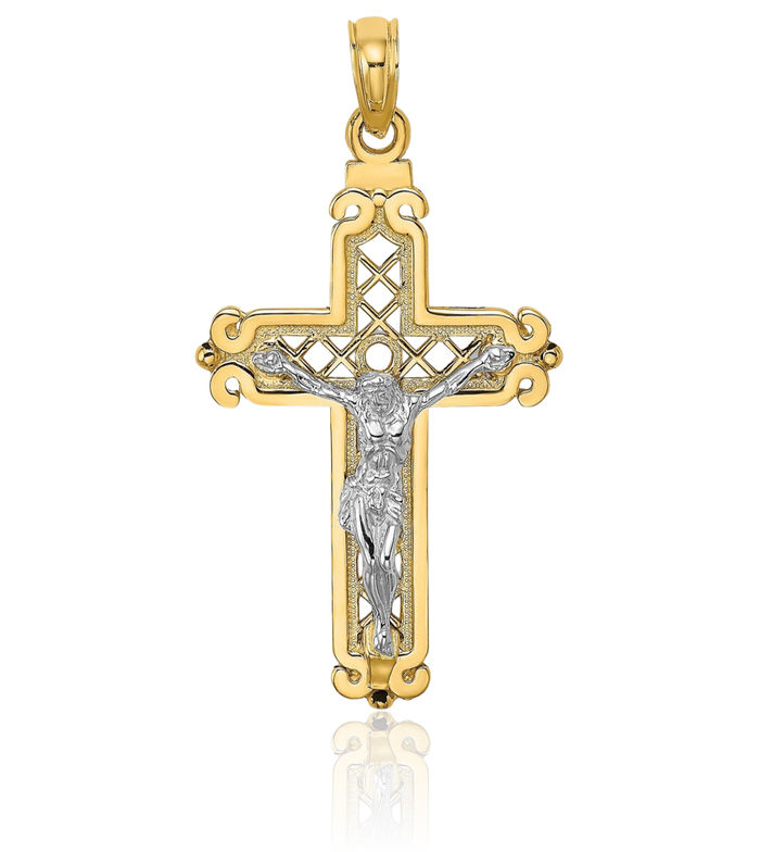 14K Solid Two Tone Gold Lord Jesus Christ Crucifix Holy Cross Necklace Religious Chain Pendant Charm