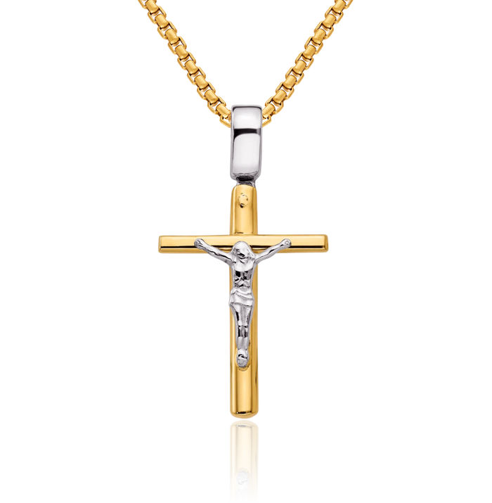 14K Solid Two Tone Gold Lord Jesus Christ Crucifix Holy Cross Necklace Religious Chain Pendant Charm