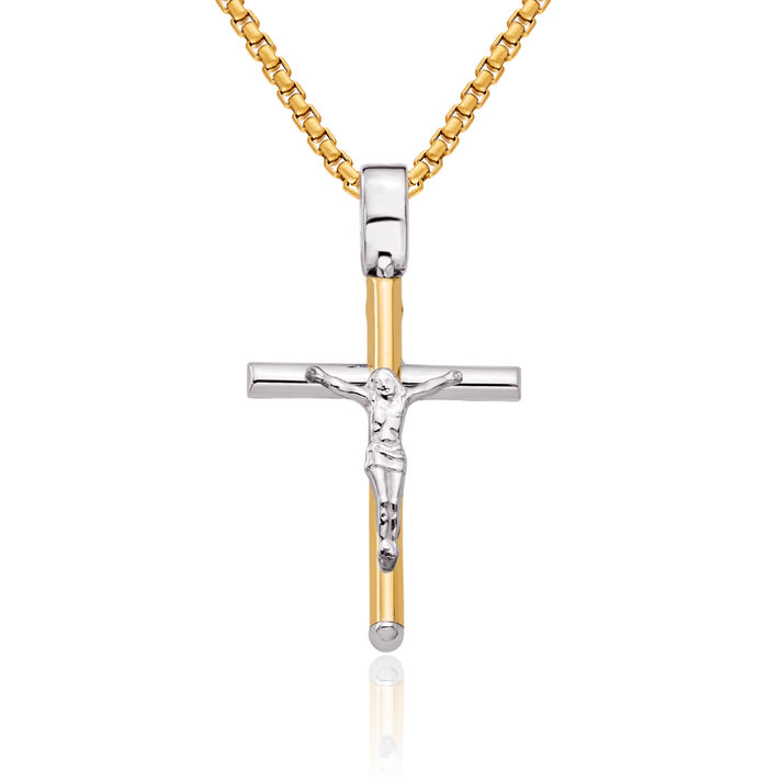 14K Solid Two Tone Gold Lord Jesus Christ Crucifix Holy Cross Necklace Religious Chain Pendant Charm