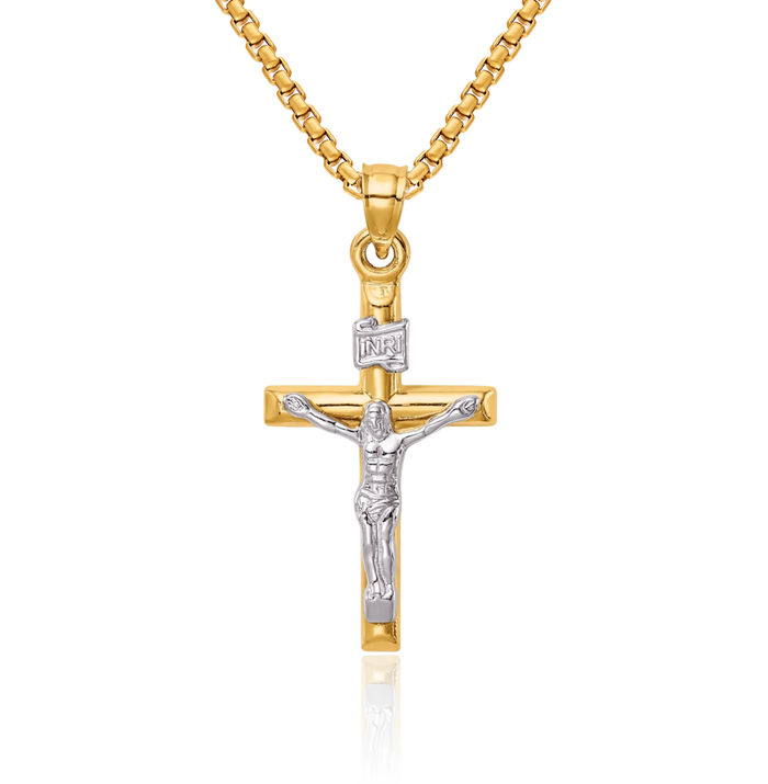 14K Solid Two Tone Gold Lord Jesus Christ Crucifix Holy Cross Necklace Religious Chain Pendant Charm