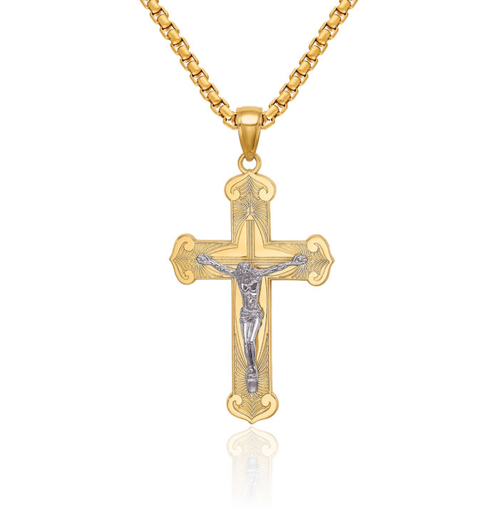 14K Solid Two Tone Gold Lord Jesus Christ Crucifix Holy Cross Necklace Religious Chain Pendant Charm