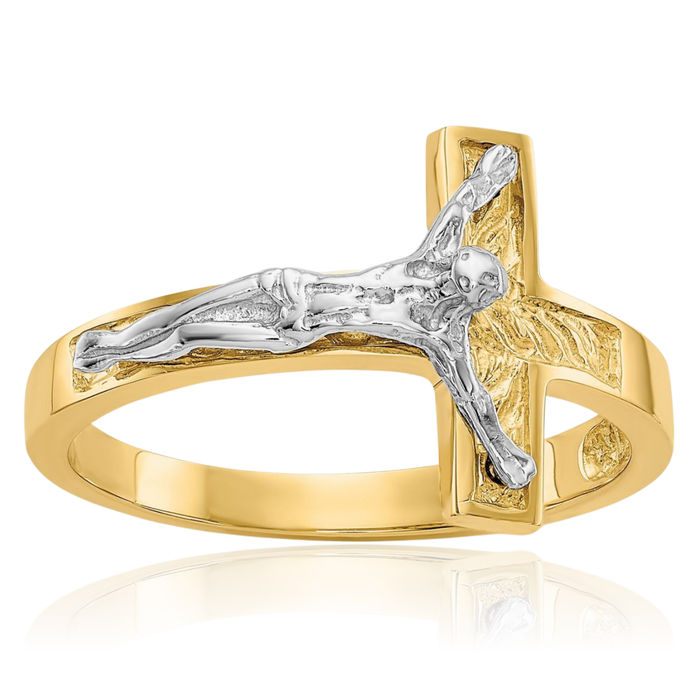 14K Solid Two Tone Gold Lord Jesus Christ Crucifix Holy Cross Ring Christian Religious Band