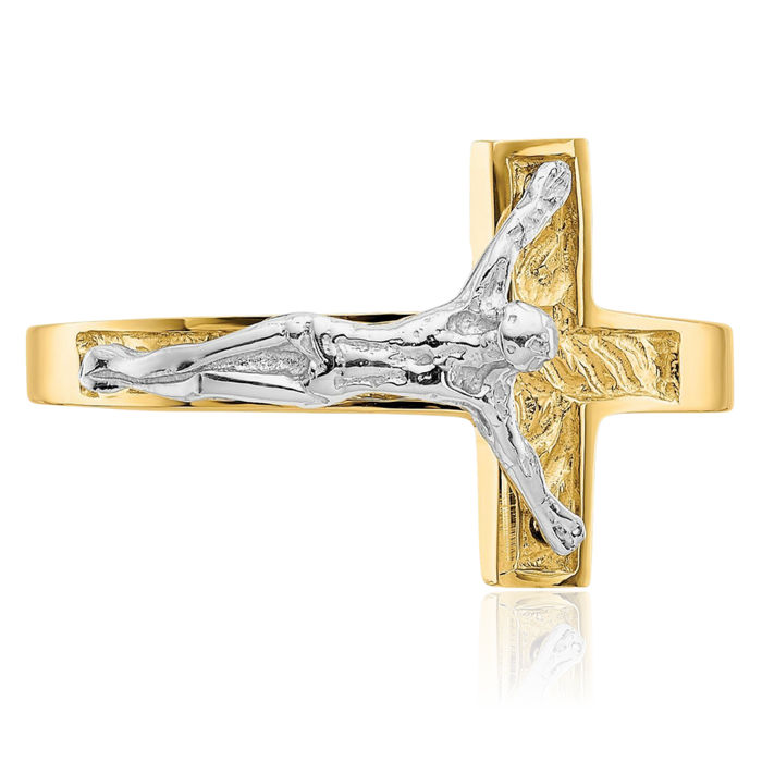 14K Solid Two Tone Gold Lord Jesus Christ Crucifix Holy Cross Ring Christian Religious Band