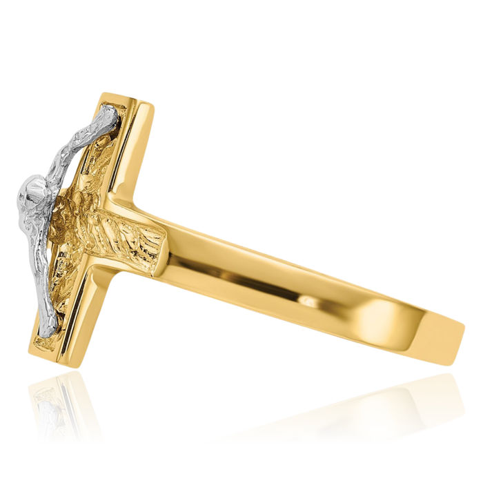 14K Solid Two Tone Gold Lord Jesus Christ Crucifix Holy Cross Ring Christian Religious Band
