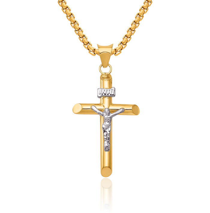 14K Solid Two Tone Gold Jesus Lord Christ Crucifix Holy Cross Necklace Religious Chain Pendant Charm