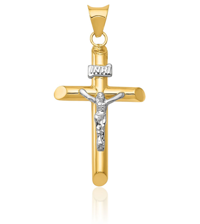 14K Solid Two Tone Gold Jesus Lord Christ Crucifix Holy Cross Necklace Religious Chain Pendant Charm