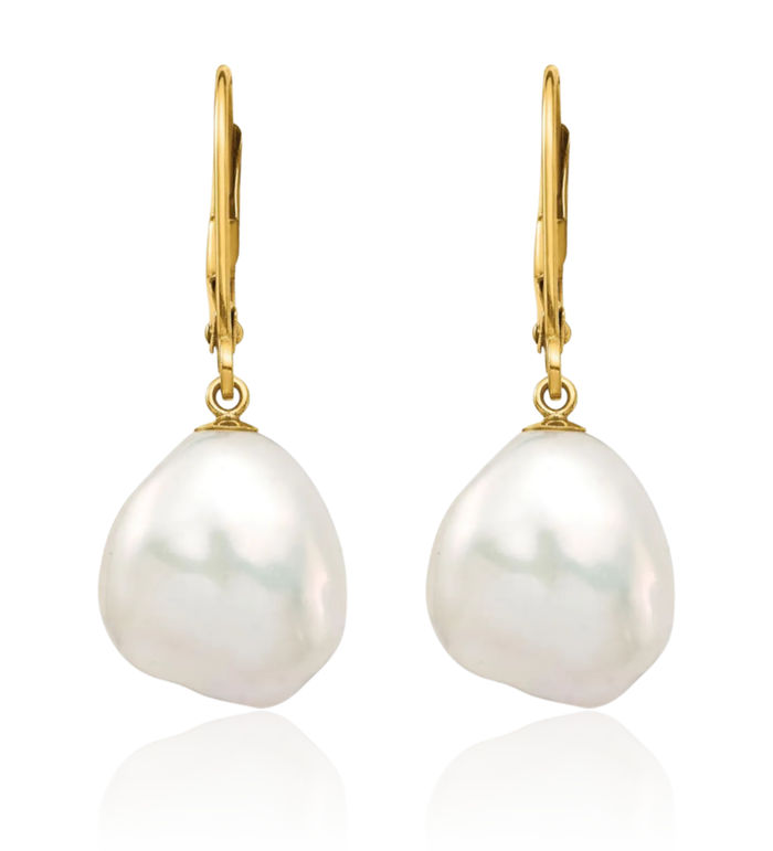 14K Solid Two Tone Yellow White Gold Keshi Freshwater Cultured Pearl Drop Dangle Earrings Gemstone