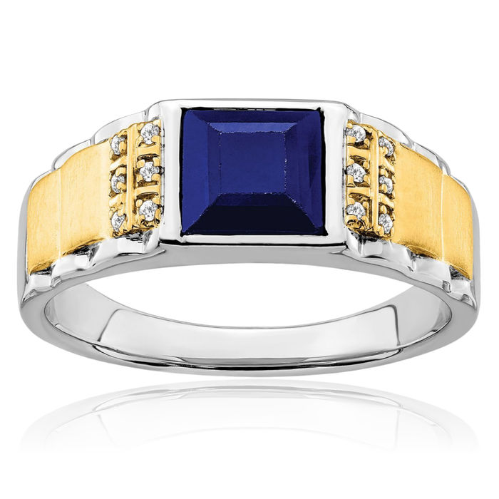 14K Solid Two Tone Gold Lab Blue Sapphire Diamond Mens Ring September Birthstone Jewelry