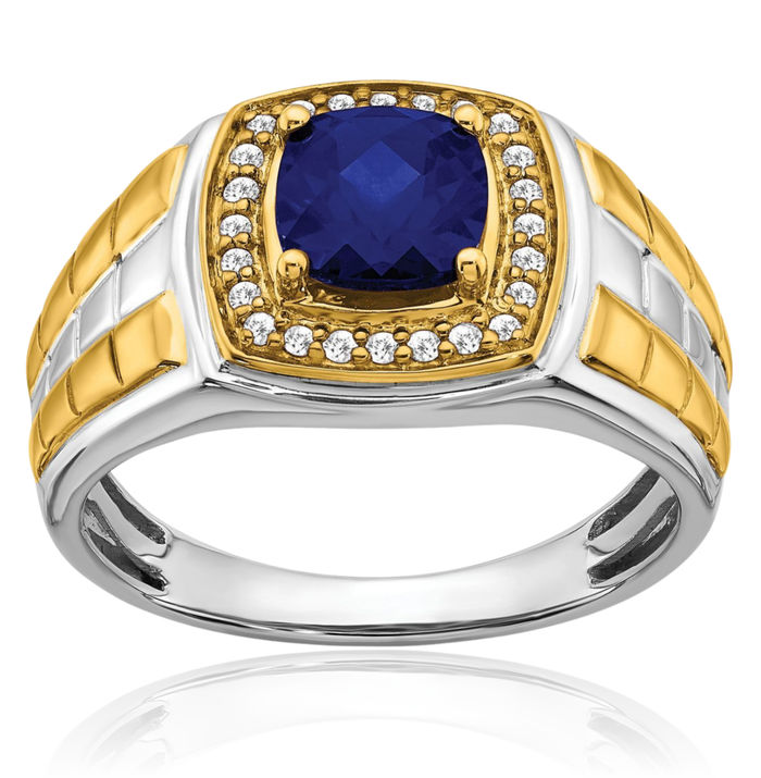 14K Solid Two Tone Gold Lab Blue Sapphire Diamond Mens Ring