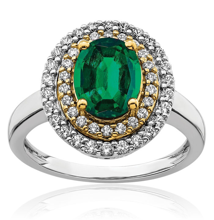 14K Solid Two Tone Gold Lab Diamond Green Emerald Ring May Birthstone Jewelry