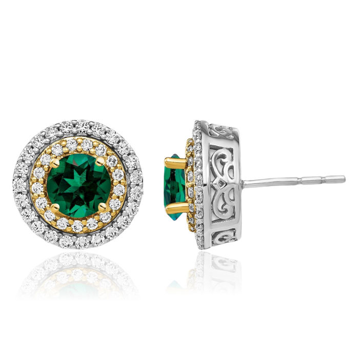 14K Solid Two Tone Gold Lab Diamond Green Emerald Studs Gemstone Earrings May Birthstone Jewelry