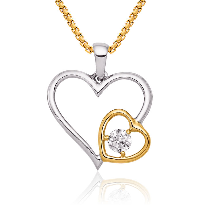 14K Solid Two Tone Gold Diamond Double Heart Necklace Love Pendant Charm