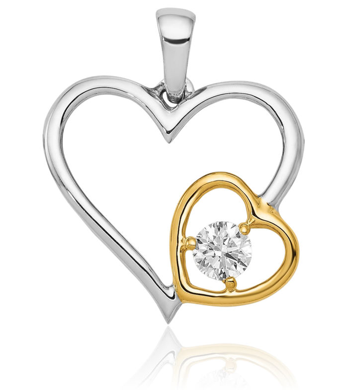 14K Solid Two Tone Gold Diamond Double Heart Necklace Love Pendant Charm