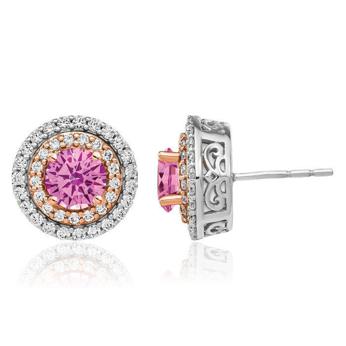 14K Solid Two Tone Gold Lab Diamond Pink Sapphire Studs Gemstone Earrings October Birthstone Jewelry