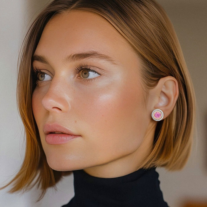 14K Solid Two Tone Gold Lab Diamond Pink Sapphire Studs Gemstone Earrings October Birthstone Jewelry